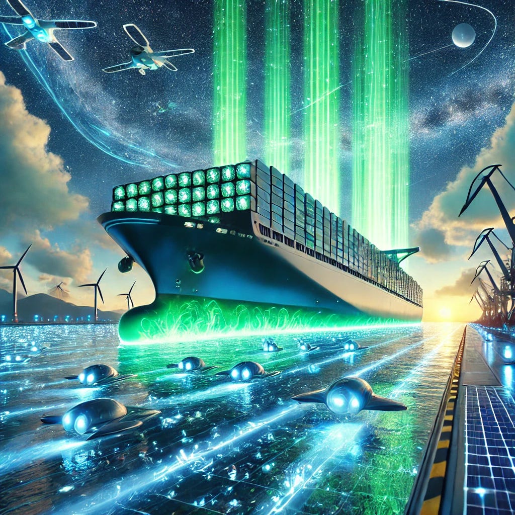 An extraordinary maritime future scene: a colossal, futuristic cargo ship with glowing green energy cores and sleek, aerodynamic design sails smoothly on a crystal-clear ocean. The ship's smokestacks emit ethereal green and blue light streams resembling clean energy. Above, glowing drones and solar-powered planes navigate a sky painted with cosmic auroras. In the distance, wind turbines gracefully rotate on the horizon, blending with a glowing EU ETS logo in a futuristic font, projected like a hologram in the sky. The atmosphere radiates innovation, sustainability, and admiration, with vibrant colors of emerald green, sapphire blue, and metallic silver reflecting the new era of shipping.