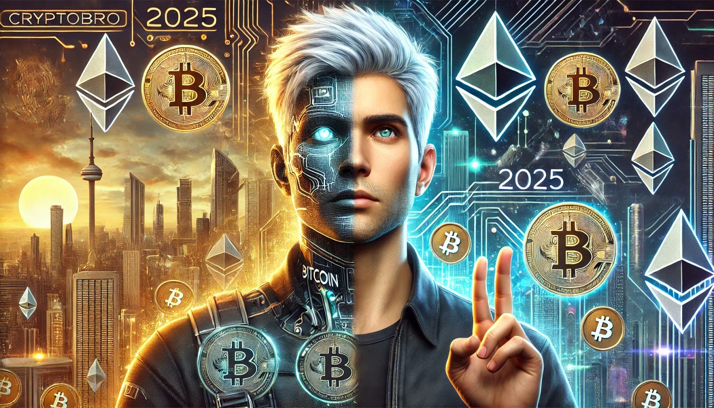 A hyperrealistic banner featuring a 'cryptobro' character with a vividly expressive face, reflecting both hope and anxiety about the future of 2025. The character has a well-groomed appearance, wearing sleek modern tech-inspired clothing with subtle cryptocurrency logos. Surrounding them are glowing, lifelike cryptocurrency symbols like Bitcoin and Ethereum, contrasted against a highly detailed futuristic cityscape. One side of the background shows vibrant optimism with holographic advancements and sunlight, while the other is dark and foreboding with storm clouds and chaotic energy. The hyperrealistic style emphasizes emotion, texture, and detail.