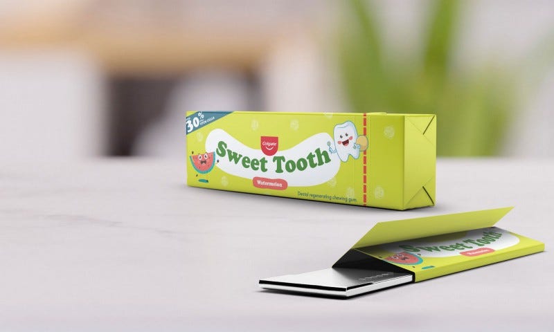 A pack of watermelon flavoured regenerative chewing gum with cartoon tooth and watermelon slice characters.