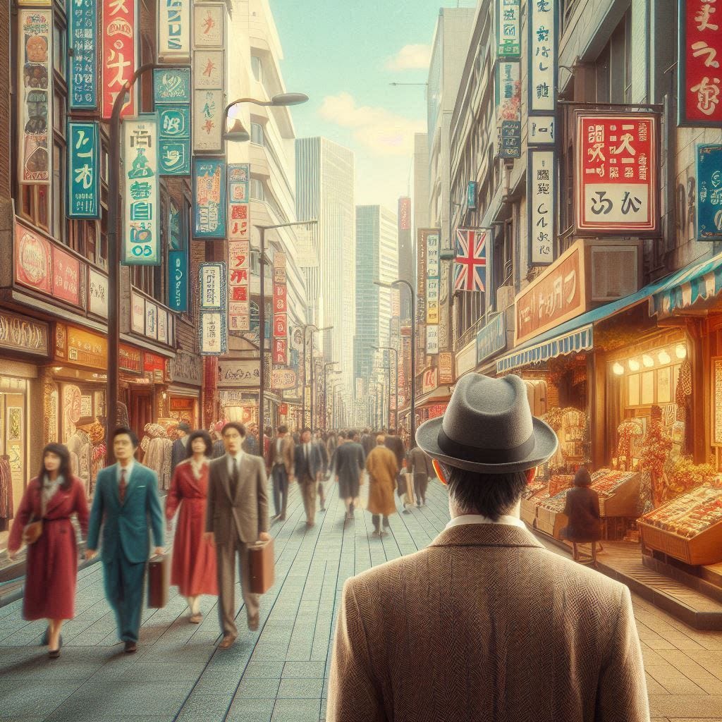 una imagen en estilo retro pero hiperrrealista con alguien andando