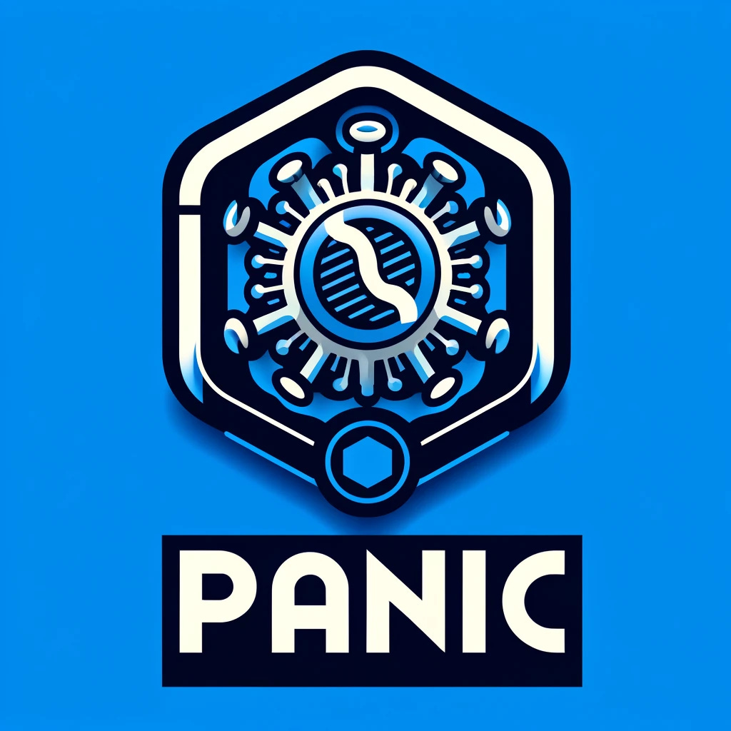 Design an icon for a research program named PANIC at IPAK. The icon should feature a stylized depiction of a virus, emphasizing its complex structure, interwoven with DNA strands to symbolize genetic analysis. The background should be a sharp contrast, perhaps a vibrant blue to symbolize vigilance and precision. The acronym 'PANIC' should be prominently displayed in a bold, modern font at the bottom. This icon should convey a sense of urgency and scientific innovation, suitable for a cutting-edge bioinformatics program.