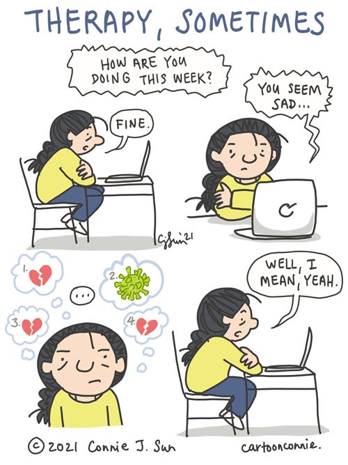 Cartoon illustration about getting therapy in a pandemic, slice of life comic, sketchbook drawing, journal comic by Connie Sun, cartoonconnie