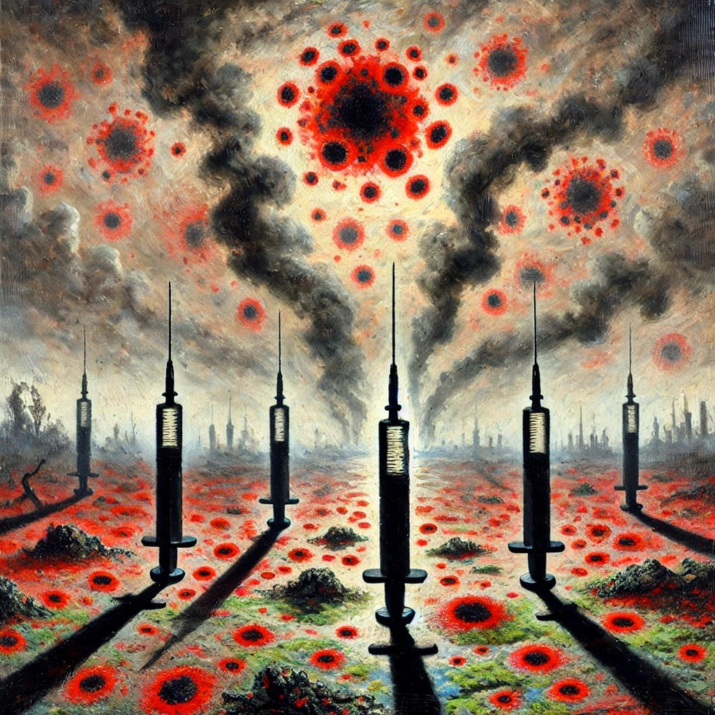 An impressionist oil painting focusing on injections and smallpox. The scene features a symbolic depiction of syringes casting long shadows over a desolate landscape. In the background, imagery of smallpox is represented by abstract patterns of red and dark pustules spreading across a cloudy, ominous sky. A faint glimmer of natural recovery appears as small, vibrant patches of healthy greenery in the distance. The composition uses bold and expressive brushstrokes in an Impressionist style, with a dramatic color palette of reds, blacks, and muted greens.