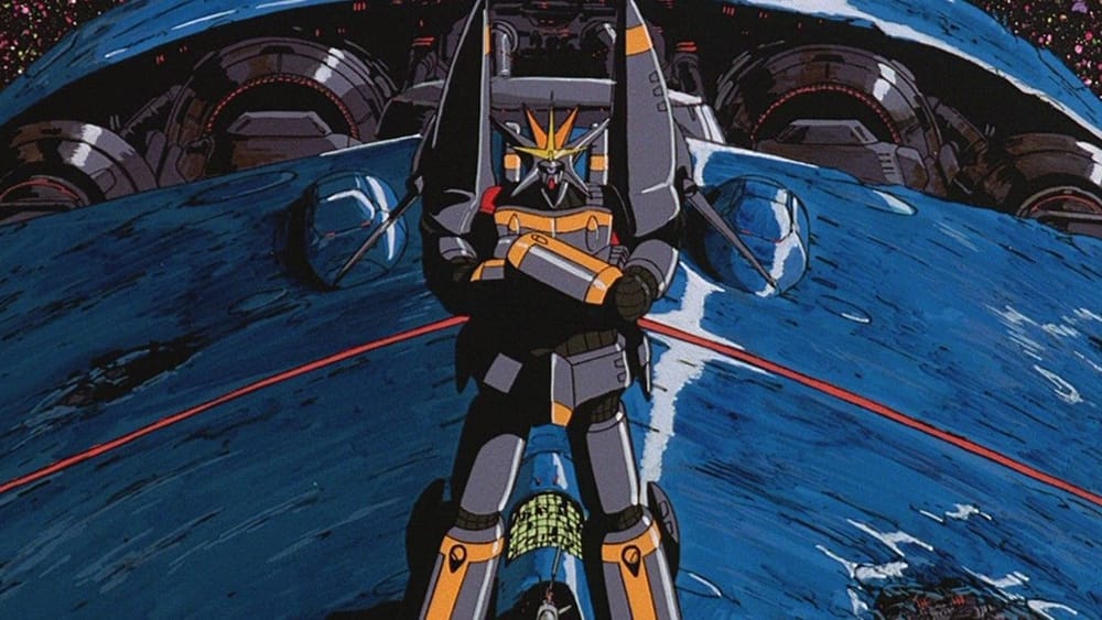 Gunbuster standing on a spaceship with its arms crossed
