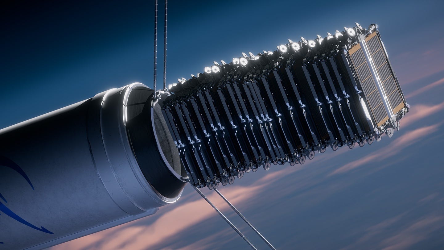 A render of Cosmoleap’s launch vehicle releasing satellites on orbit for a constellation.