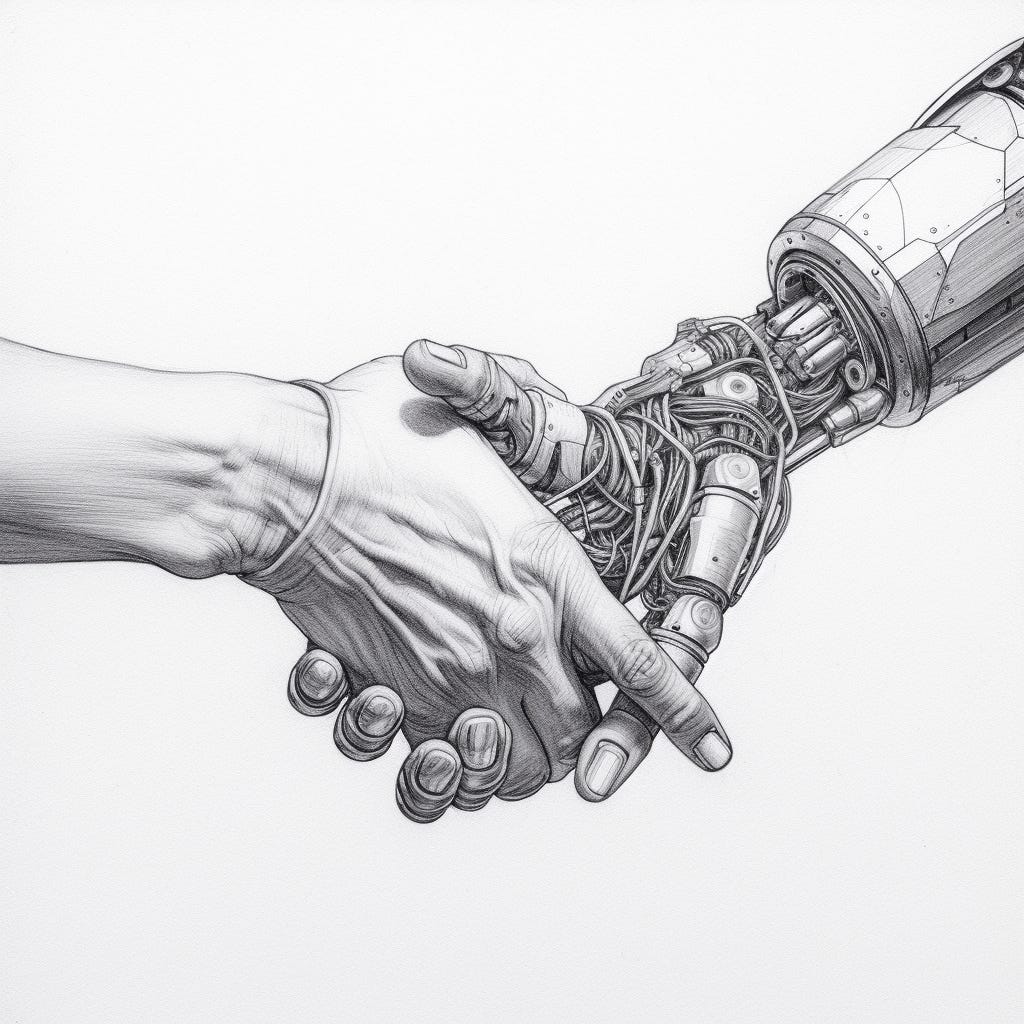 A line drawing in black pencil on a white background: a human shakes hands with a robot.
