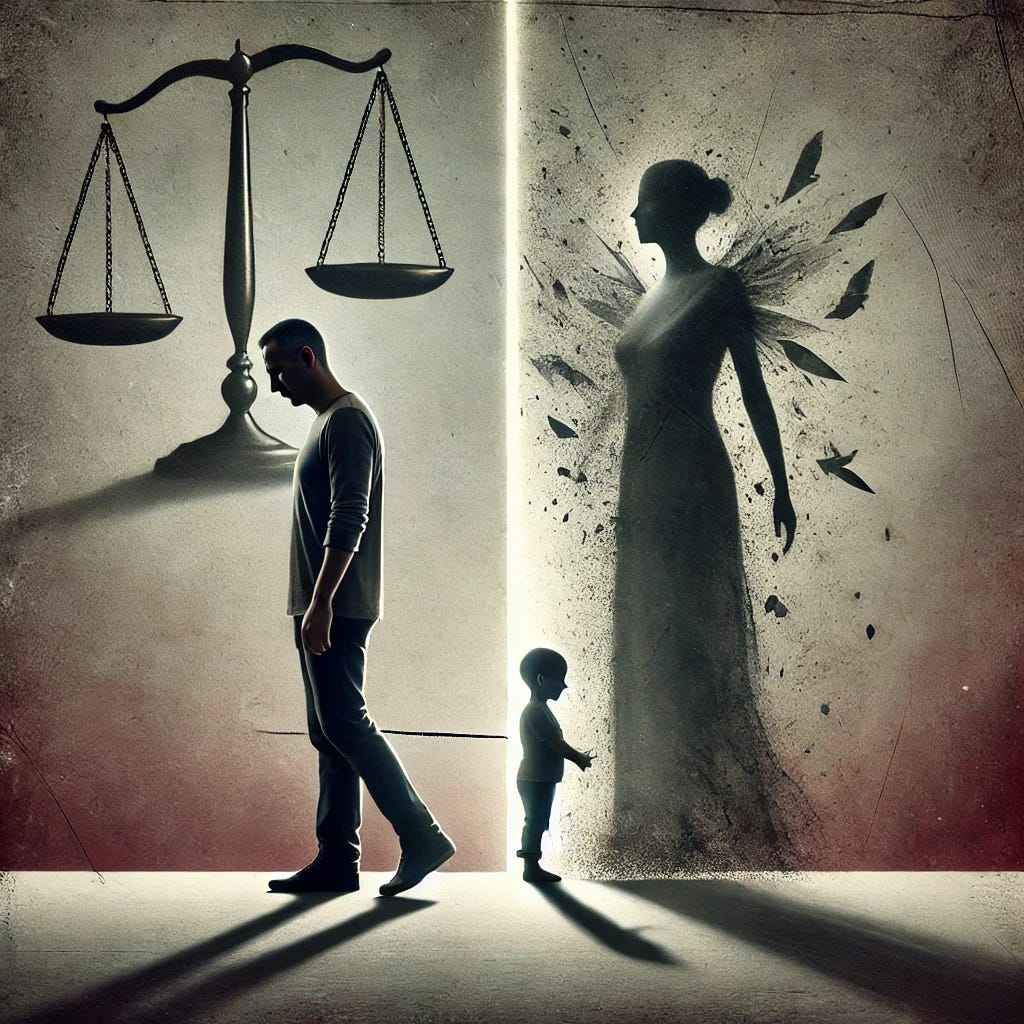 An image symbolizing the struggle of co-parenting and facing alienation from a child due to covert narcissistic abuse. Show a somber scene with a parent standing separated from their child by a shadowy, abstract barrier, symbolizing manipulation and control. The parent looks determined yet saddened, with a faint connection or gentle light suggesting resilience and hope. The background can subtly hint at legal or family symbols like scales of justice or a faint, fragmented heart, using muted colors to convey the serious and emotional tone. 1024x1024.