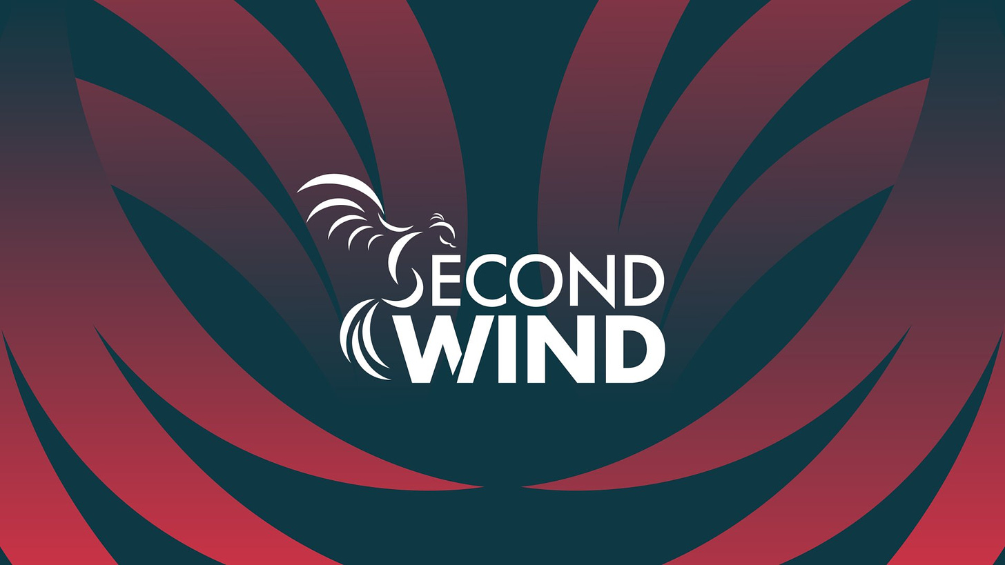 The Second Wind Logo. The "S" looks like a stylized phoenix. The background is black, with a red pattern that resembles wings wrapping around the logo.