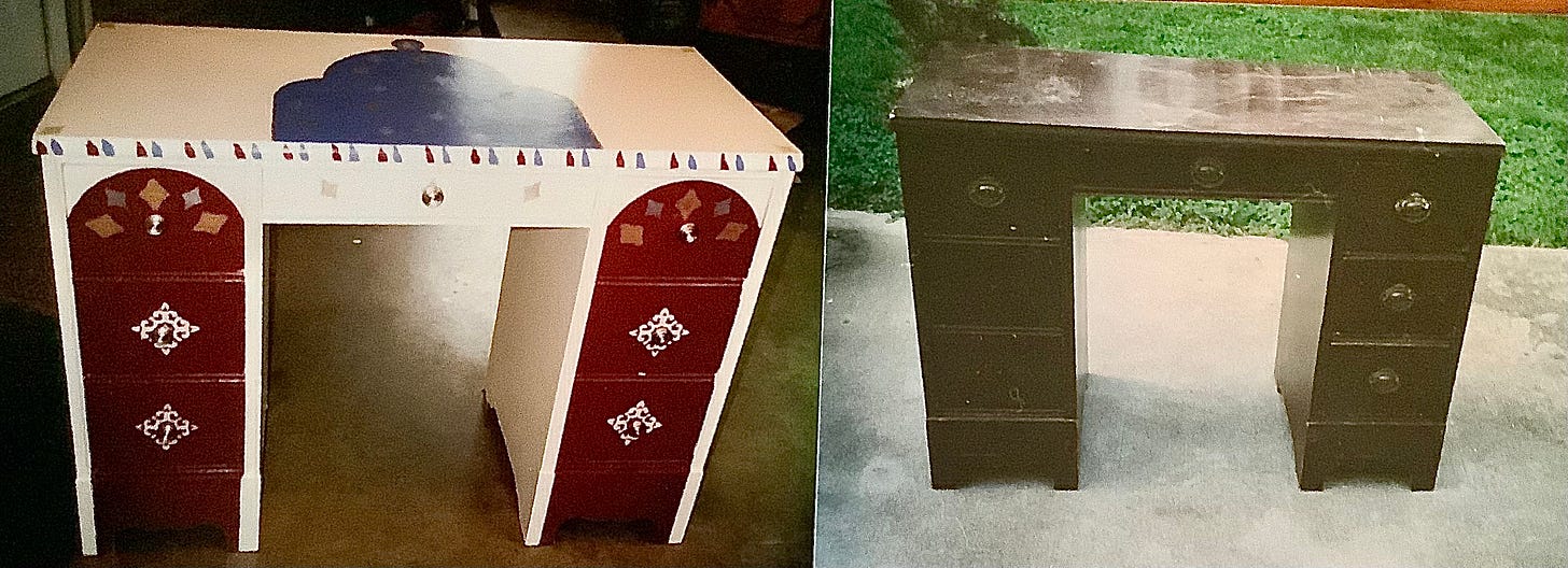 Before and after pictures of an old wooden vanity. In the after picture, it is painted white with red arches covering most of each set of drawers, painted decorative trim, colorful knobs and a blue domed image on the desktop.