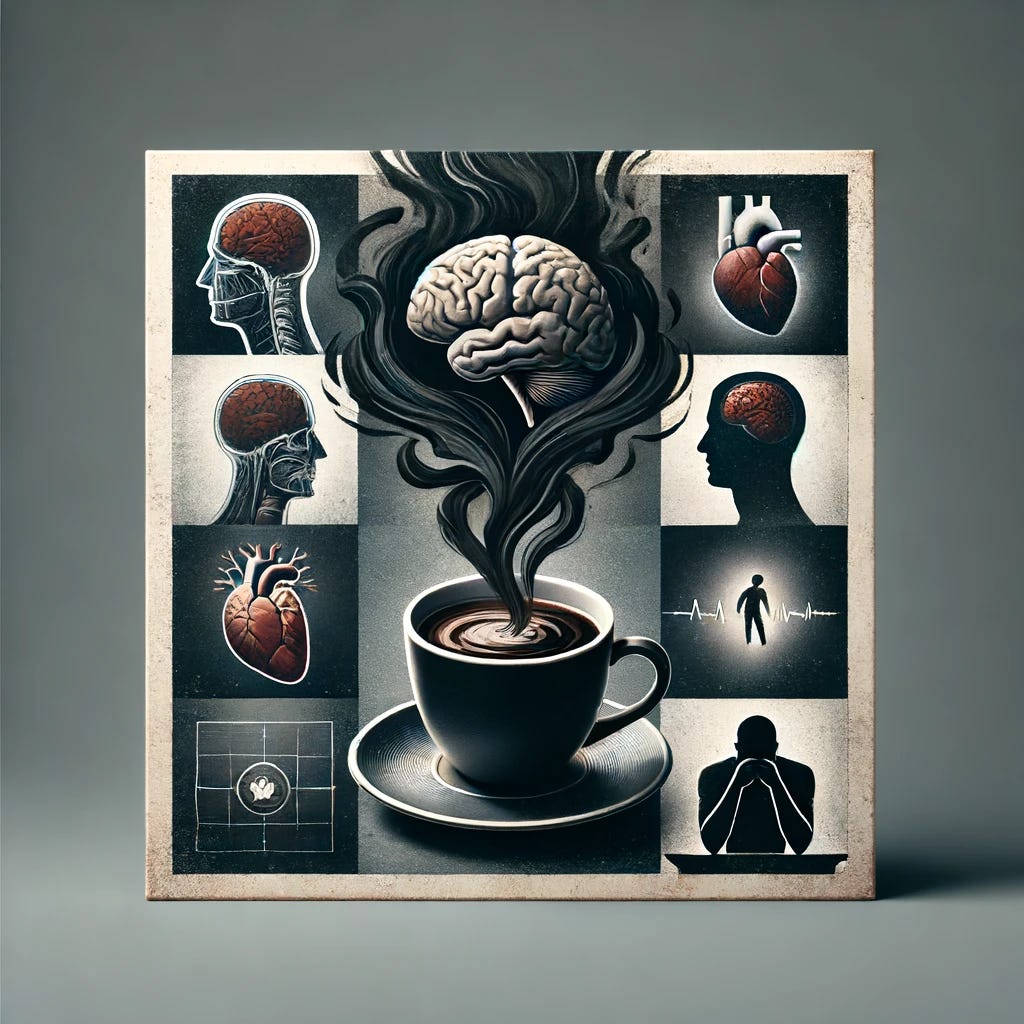 A visually appealing square image representing the negative effects of caffeine on health. The image should feature a cup of coffee with dark, swirling smoke rising from it, symbolizing the hidden dangers. In the background, there should be subtle, ghostly images of a stressed brain, a weakened heart, and a tired person, highlighting the impact on mental and physical health. The color scheme should be dark and moody, with a focus on shades of black, brown, and grey.