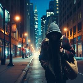  homeless man walking the city streets at night. Image 1 of 4