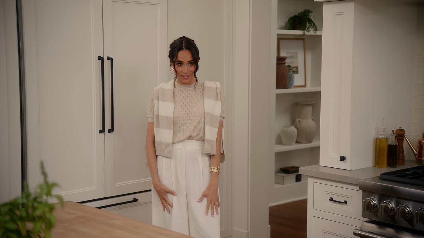 meghan markle wearing cream outfit on with love, meghan