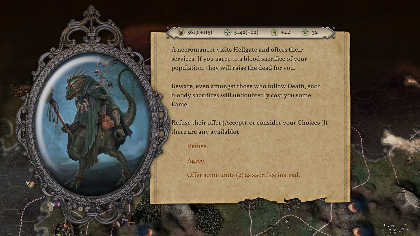 A screenshot of Master of Magic remake showing an event on a mirror and scroll UI, where a necromancer visits the capital and offers his services. The necromancer is a Lizardman.