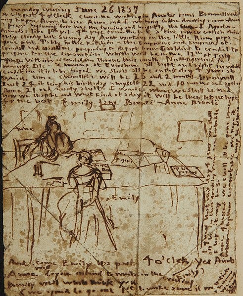 File:Sketch by Emily Brontë sgowing herself and Anne at work in the dining room of the parsonage..jpg