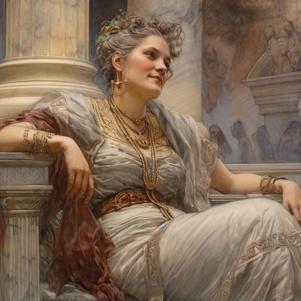 A beautiful ancient Roman patrician woman in her forties with elegant attire and intricate braided hairstyle. She is facing the viewer and smiling. Include marble columns, lush draperies, and classical Roman art. Capture this scene in the rich, detailed, and atmospheric style of Lawrence Alma - Tadema.