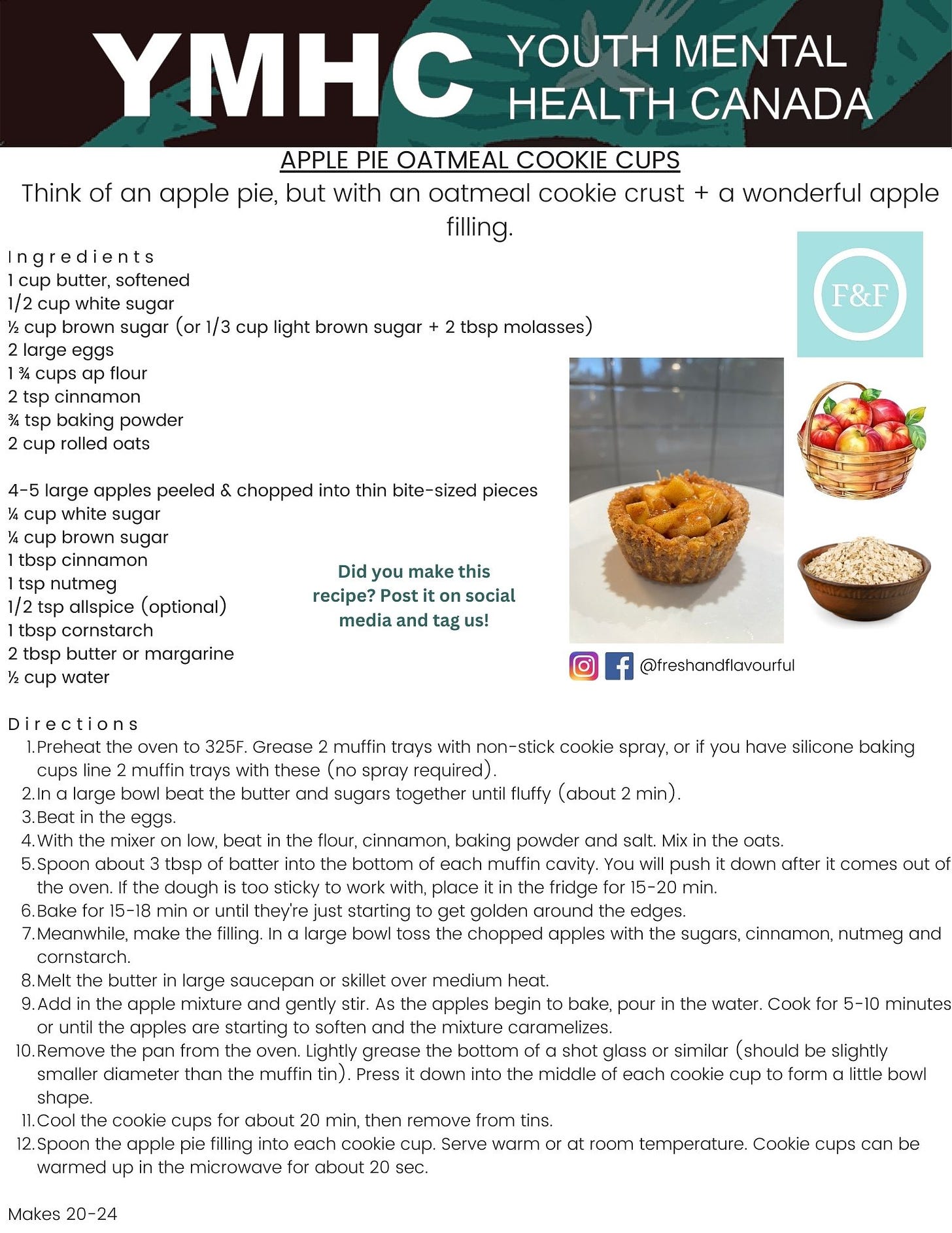 Recipe: Apple Pie Oatmeal Cookie Cups Think of an apple pie, but with an oatmeal cookie crust and a wonderful apple filling.  Ingredients: 1 cup butter, softened 1/2 cup white sugar 1/2 cup brown sugar (or 1/3 cup light brown sugar + 2 tbsp molasses) 2 large eggs 1 3/4 cups all-purpose flour 2 tsp cinnamon 3/4 tsp baking powder 2 cups rolled oats 4-5 large apples, peeled & chopped into thin bite-sized pieces 1/4 cup white sugar 1/4 cup brown sugar 1 tbsp cinnamon 1 tsp nutmeg 1/2 tsp allspice (optional) 1 tbsp cornstarch 2 tbsp butter or margarine 1/2 cup water Directions: Preheat the oven to 325F. Grease 2 muffin trays with non-stick cookie spray or line 2 muffin trays with silicone baking cups (no spray required). In a large bowl, beat the butter and sugars together until fluffy (about 2 min). Beat in the eggs. With the mixer on low, beat in the flour, cinnamon, baking powder, and salt. Mix in the oats. Spoon about 3 tbsp of batter into the bottom of each muffin cavity. You will push it down after it comes out of the oven. If the dough is too sticky to work with, place it in the fridge for 15-20 min. Bake for 15-18 min or until they're just starting to get golden around the edges. Meanwhile, make the filling. In a large bowl, toss the chopped apples with the sugars, cinnamon, nutmeg, and cornstarch. Melt the butter in a large saucepan or skillet over medium heat. Add the apple mixture and gently stir. As the apples begin to bake, pour in the water. Cook for 5-10 minutes or until the apples are starting to soften and the mixture caramelizes. Remove the pan from the oven. Lightly grease the bottom of a shot glass or similar item (slightly smaller diameter than the muffin tin). Press it down into the middle of each cookie cup to form a little bowl shape. Cool the cookie cups for about 20 min, then remove from tins. Spoon the apple pie filling into each cookie cup. Serve warm or at room temperature. Cookie cups can be warmed up in the microwave for about 20 sec. Makes 20-24. Did you make this recipe? Post it on social media and tag us!