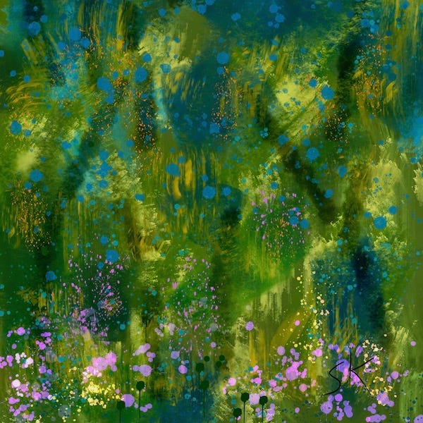 Abstract painting by Sherry Killam Arts suggesting a forest path through green and yellow foliage dappled with pink and blue flowers.