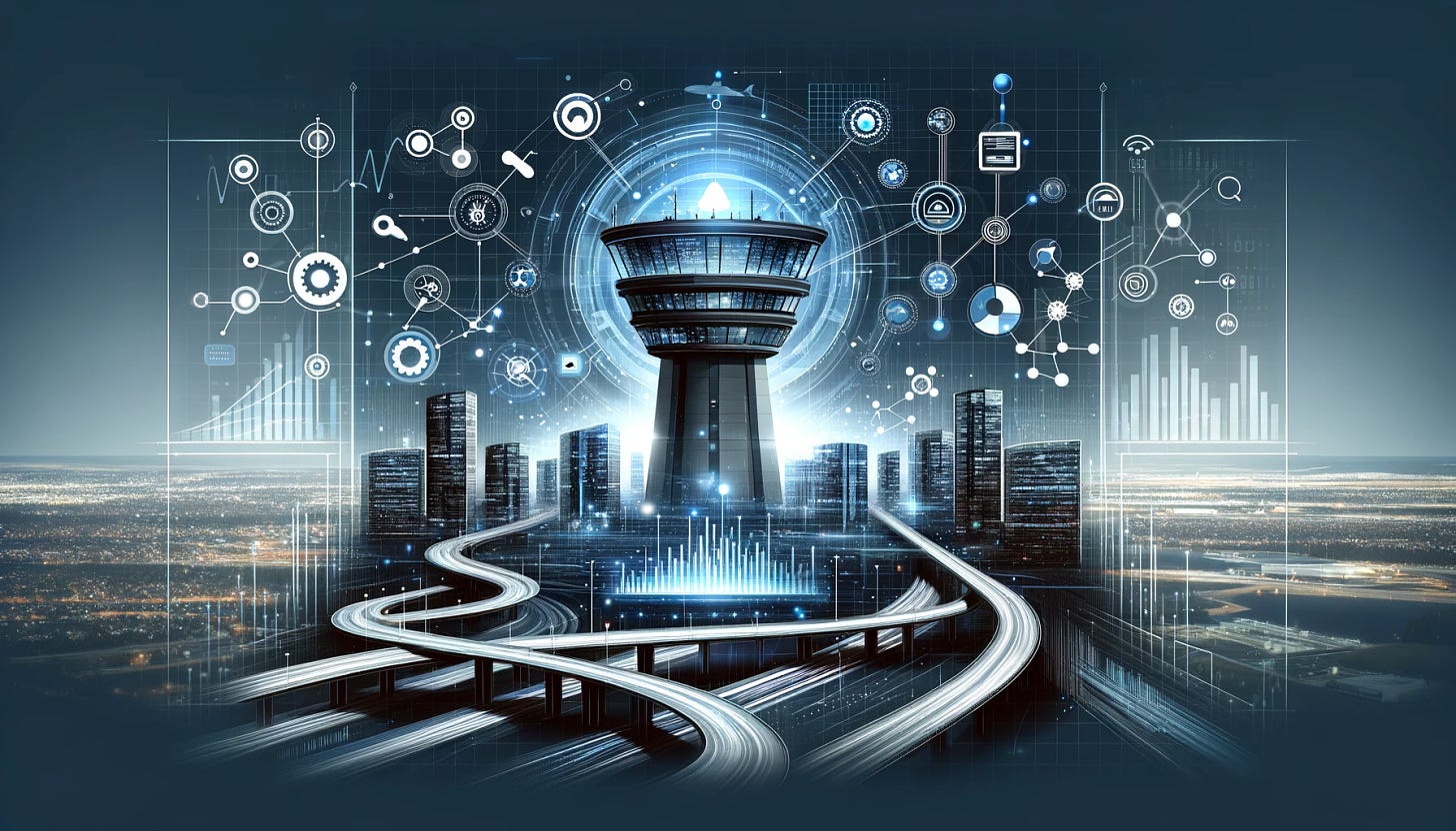 A professional illustration for a business-oriented article banner. The image should depict a high-tech control tower overseeing various elements like data charts, graphs, and interconnected technology symbols representing Machine Learning and Generative AI. The background should include a modern business environment with a city skyline, suggesting industry and innovation. The overall tone should be sophisticated and tech-savvy.