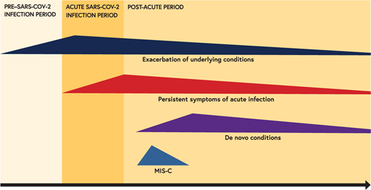 Conceptual model of the PASC. Legend: The NIH defines the PASC as symptoms or conditions which may reflect exacerbation of underlying conditions, persistent symptoms of acute infection, or may be new symptoms or conditions arising de novo, distinct from the acute SARS-CoV-2 infection period.