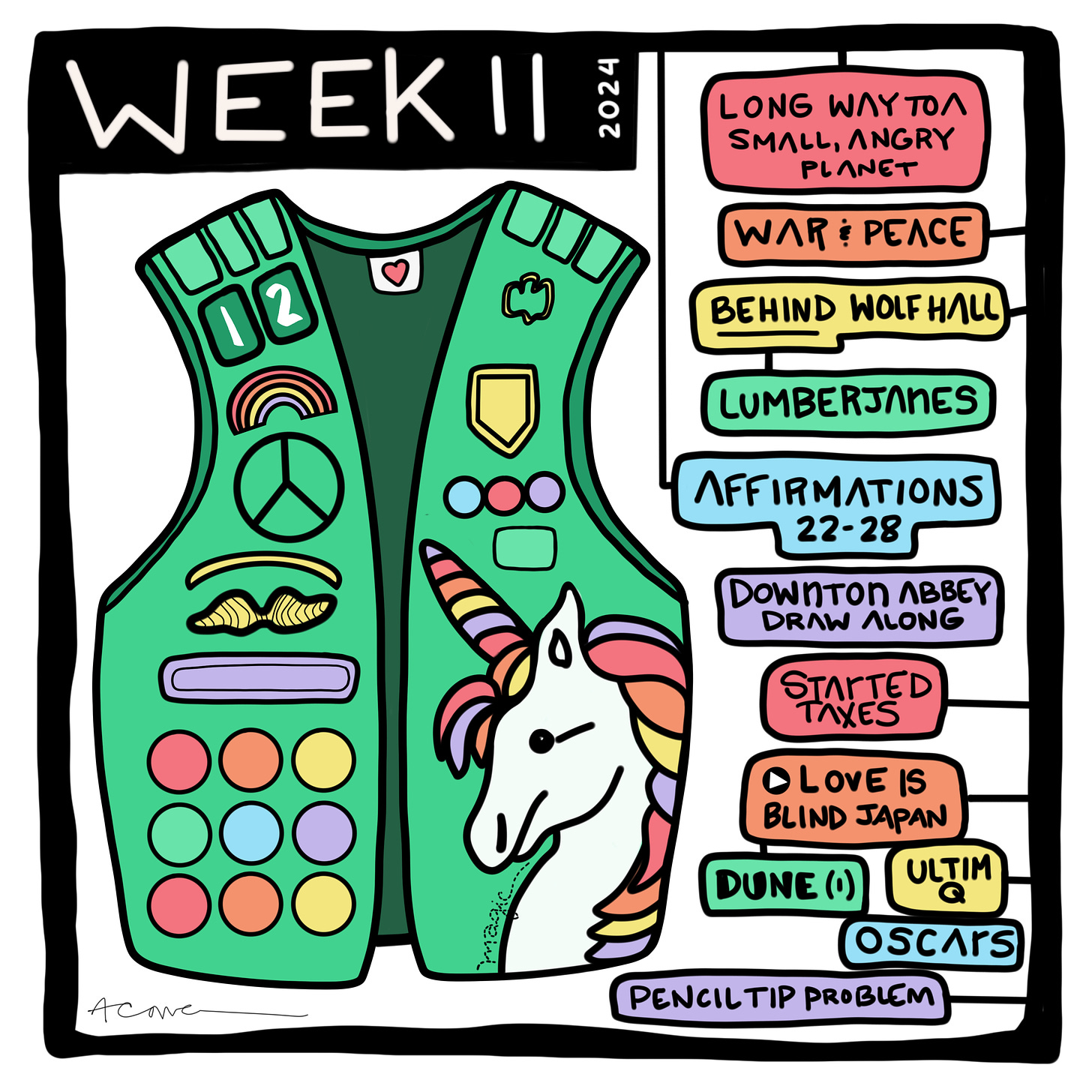 Weekly diary list comic for week 11 - A Cowen 2024 - feature image is a green vest with badges, like scouts