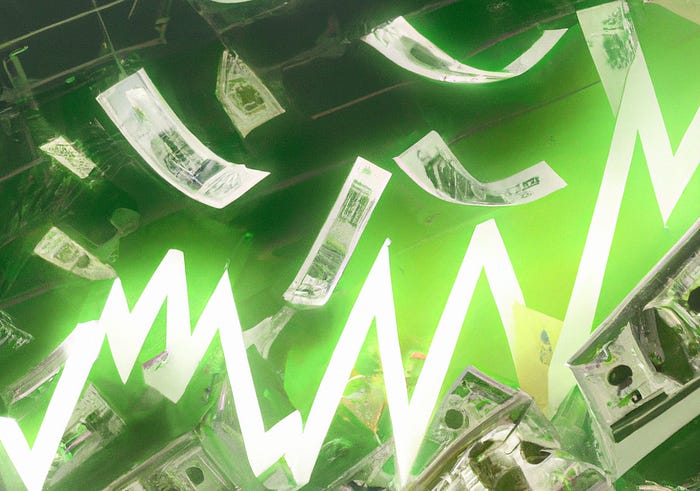 Digital art of dollar bills falling in front of a stock chart.