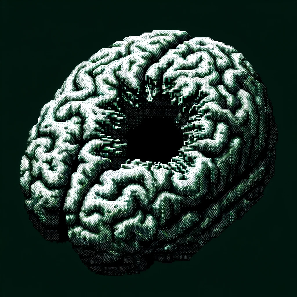 Artistic representation of a severely damaged brain with a large hole, styled to appear even older and more primitive than the previous images, and without any text elements. The brain should be rendered in an extremely pixelated, monochrome green-on-black style, to resemble the earliest form of computer graphics. The pixels should be larger and the details more abstract, reflecting the limitations of very early computing technology. The image should have no surrounding interface or text, focusing solely on the pixelated brain image.