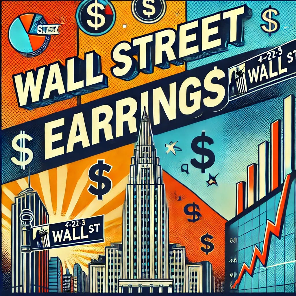 A bold, professional pop-art style illustration featuring the major financial institutions of Wall Street reporting earnings, with stock market charts, financial graphs, and skyscrapers in the background. The design should be dynamic and modern, with elements like dollar signs, stock tickers, and a sense of speculation, using a minimalistic yet vibrant color scheme. Text should be clear and professional, reading 'Wall Street Earnings' prominently displayed.