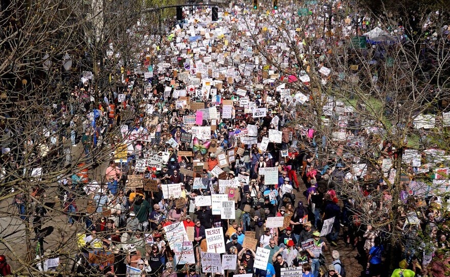 Thousands of protesters marched in Portland, Ore., protesting President Trump's administration, April 5, 2025, part of "Hands Off" protests taking place around the country.