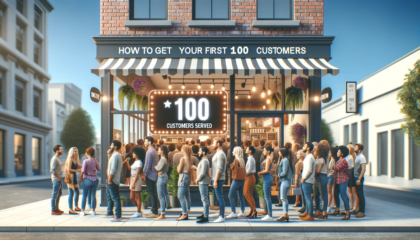 A photo-realistic image for a newsletter about entrepreneurship, themed "How to get your first 100 customers." The image shows a bustling small business, with a diverse group of people lining up to enter a trendy, inviting storefront. The storefront has a sign that reads "Grand Opening" and a digital counter showing "100 customers served." The atmosphere is lively and positive, with people smiling and engaging in conversations. The setting is in a busy urban street during the daytime, reflecting a sense of community and success in business.