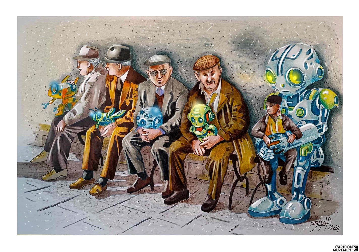 Cartoon showing a row of men waiting at the invention office, holding a robot in their lap. The last in line is not a man, but a robot, holding a small human in its lap.