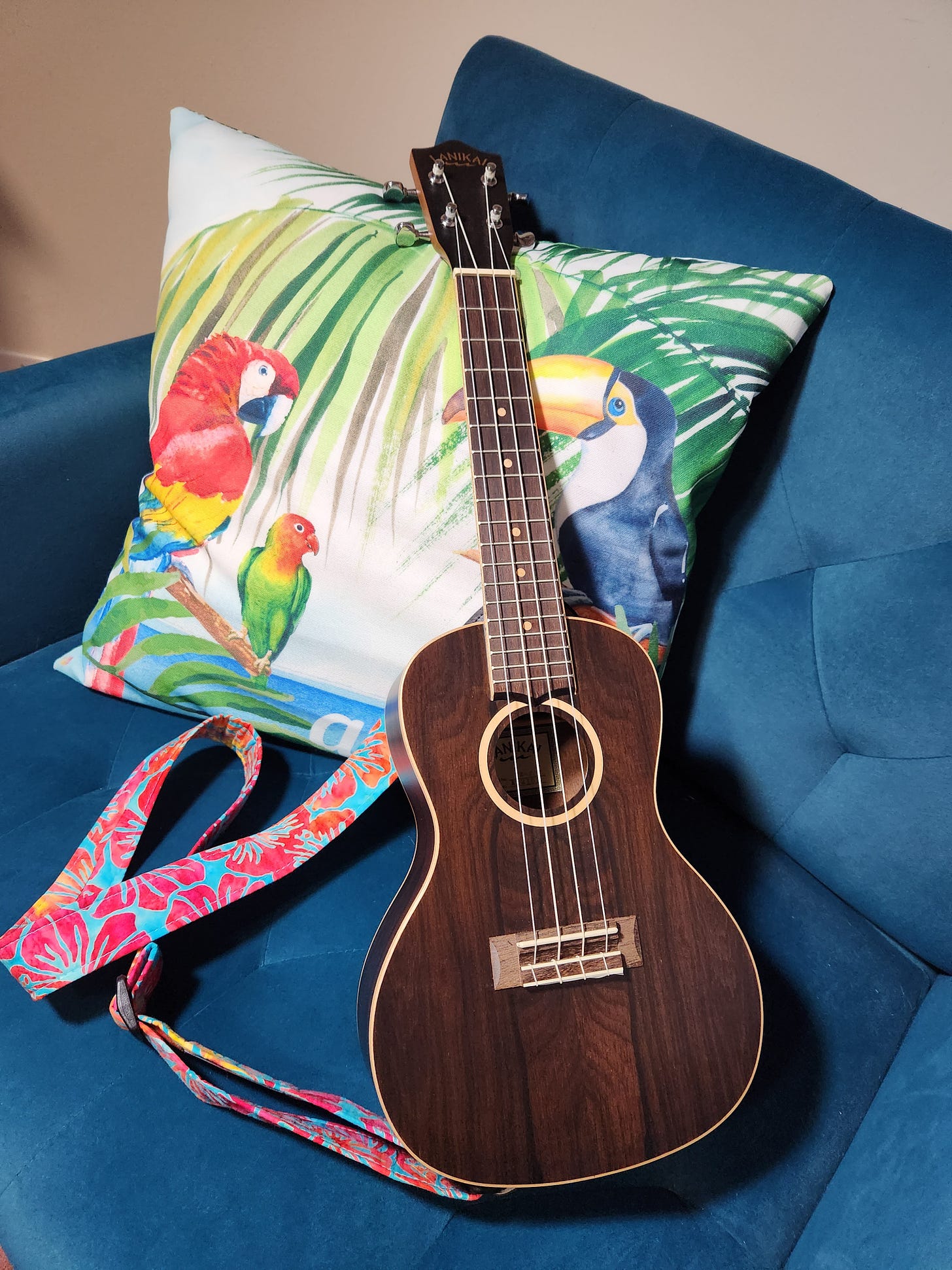 Ukulele on a teal chair with a colorful pillow