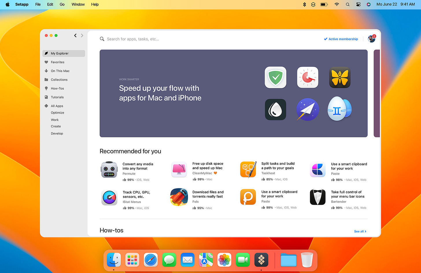 Screenshot of a Mac desktop, showing the Setapp dashboard. Text reads “Speed up your flow with apps for Mac and iPhone”. There are some app icons, and a list of apps Recommended for you, including Permute, CleanMyMac, Taskheat, Craft, iStat Menus, Folx, Paste, Bartender