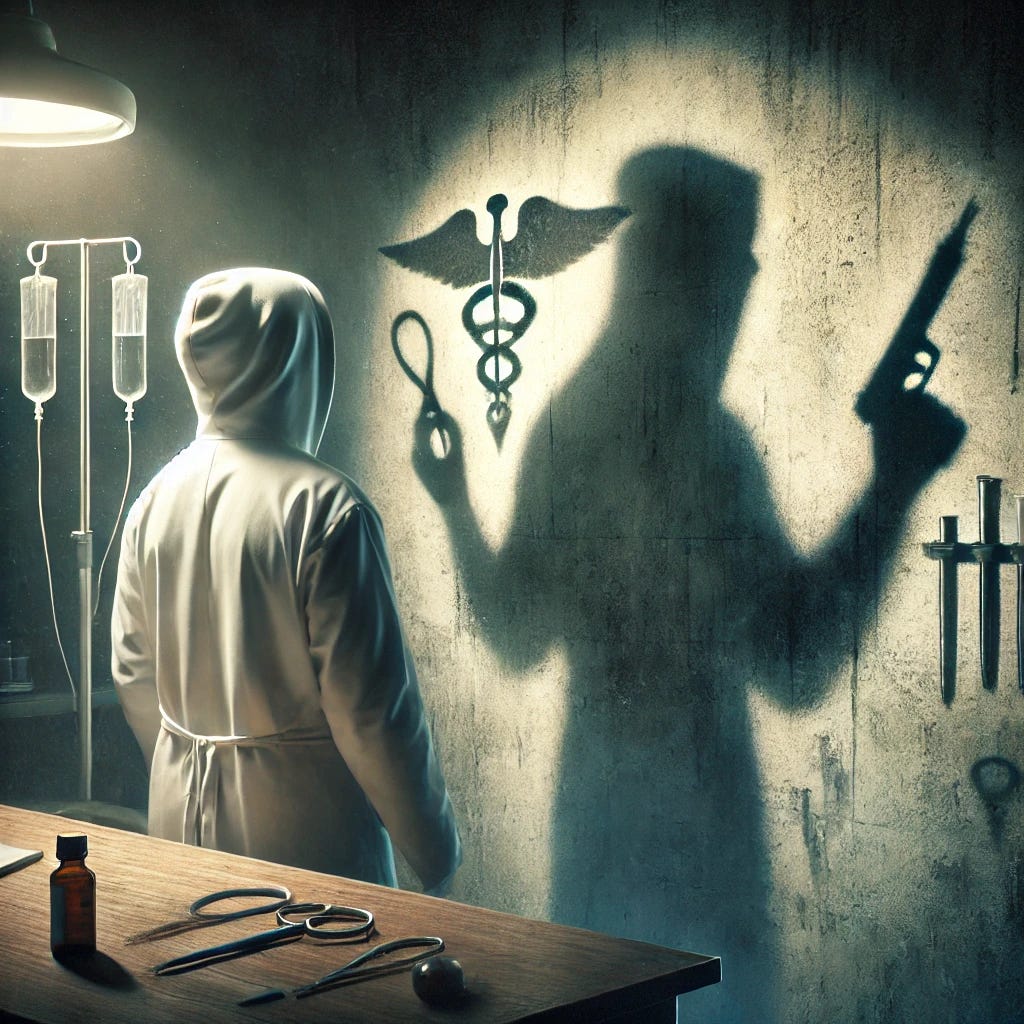A symbolic digital painting depicting the duality of medicine and hidden motives. A doctor in a white coat stands in a dimly lit room, holding a stethoscope in one hand, while their shadow on the wall subtly morphs into a figure holding a weapon. The background features faint, blurred medical equipment, creating an atmosphere of subtle tension and secrecy. The lighting is soft and eerie, with muted tones and dramatic contrasts that emphasize the hidden narrative. The image conveys a metaphorical connection without explicit violence, focusing on storytelling and ambiguity. Created with HD rendering, intricate textures, and cinematic shading.