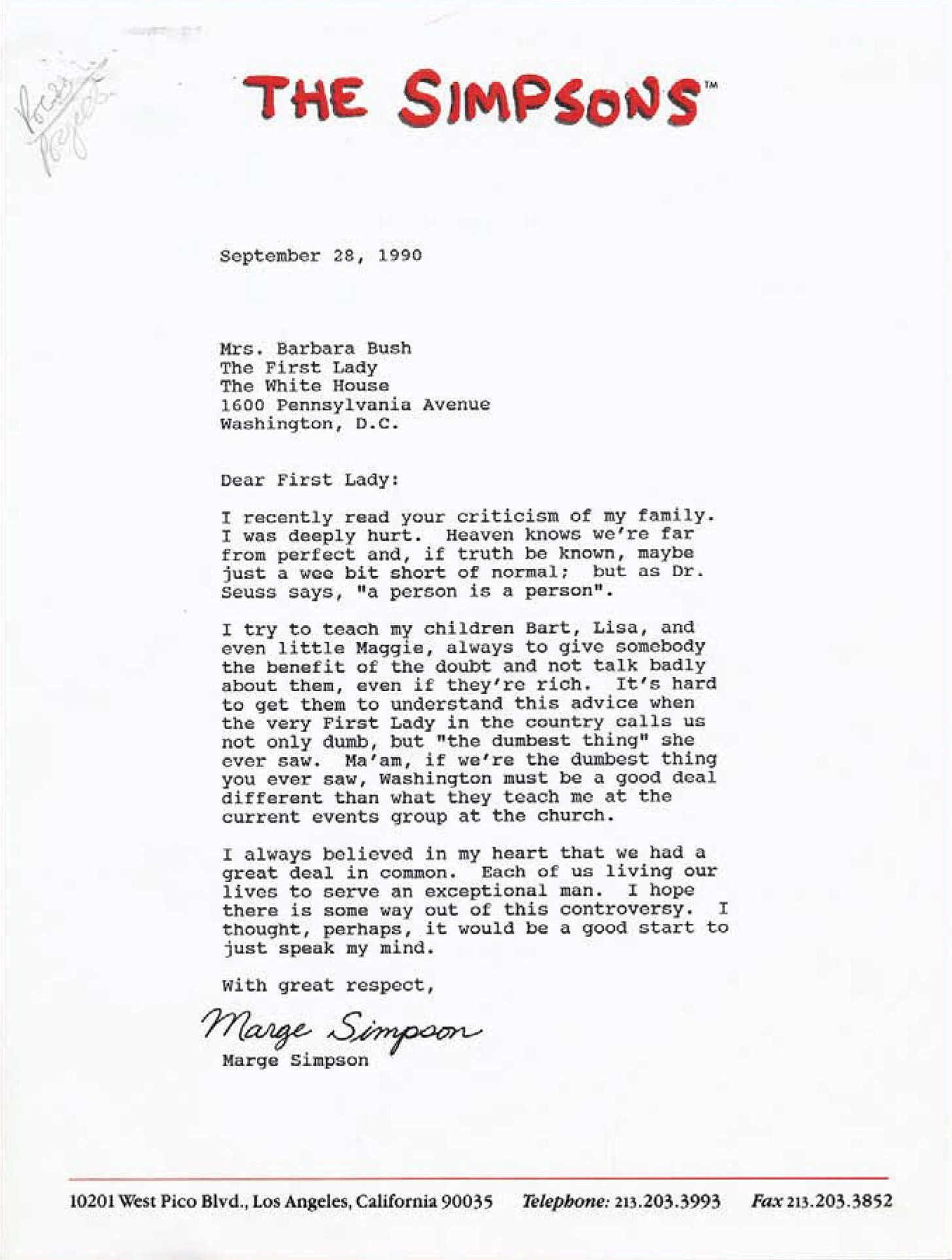 The Simpsons: Read Barbara Bush's apology letter to Marge | EW.com
