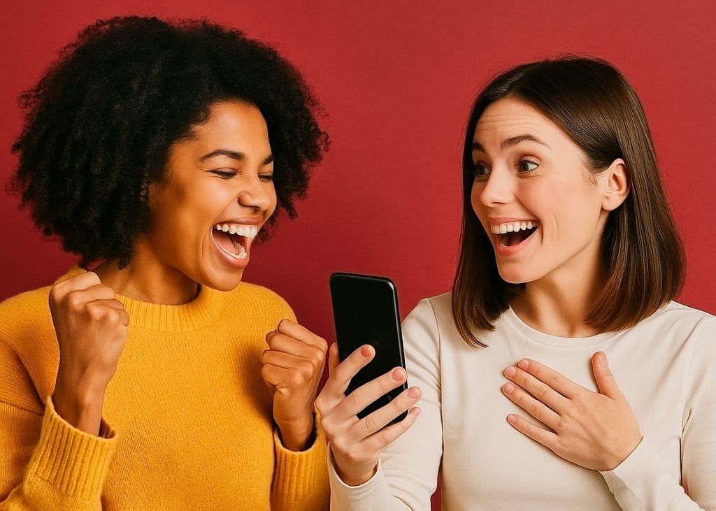 Two woman, one looking watching her smartphone, with joyful grins.