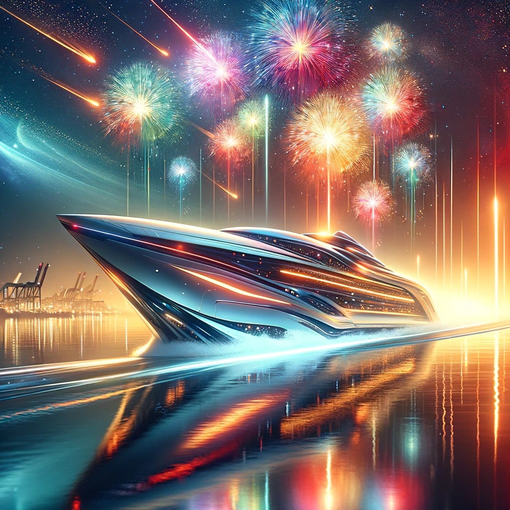 A futuristic ship sailing into the new year, filled with optimistic and vibrant colors conveying a sense of hope and belonging. The ship is sleek and modern, cutting through calm waters under a bright, star-filled sky. Fireworks explode in the background, celebrating the arrival of the new year. The atmosphere is festive and welcoming, symbolizing a journey into a promising future.