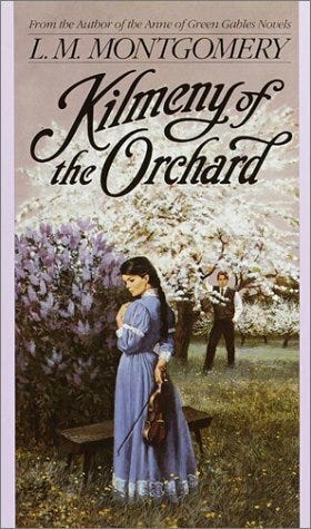 kilmeny of the orchard by montgomery cover, a young lady with a violin standing by lilac bush with young man in the background