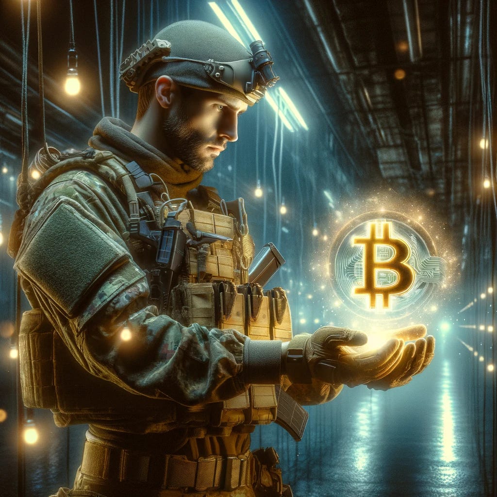 Visualize a scene where a special forces soldier, embodying the pinnacle of discipline and skill, has transitioned from traditional warfare to a new kind of battle in the digital world. This soldier, clad in tactical gear, stands confidently in a dimly lit, futuristic setting. Instead of holding a weapon, his hands conjure a glowing, ethereal Bitcoin symbol, representing his mastery over the new realm of cryptocurrency. The Bitcoin symbol shines brightly, casting light on the soldier's focused expression, symbolizing the power and potential of digital currency as a tool for change. This image captures the fusion of military precision with the revolutionary spirit of cryptocurrency, highlighting a transformative shift from physical to digital strength.