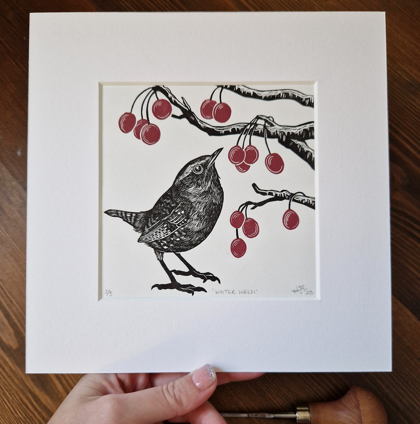 'Winter Wren' - a multi block Lino relief print using black and red inks on warm white handmade Japanese Bamboo paper, set in a 8 inch mount  'Winter Wren' is a beautiful serene image of a highly detailed Wren amongst bright red berries and branches.