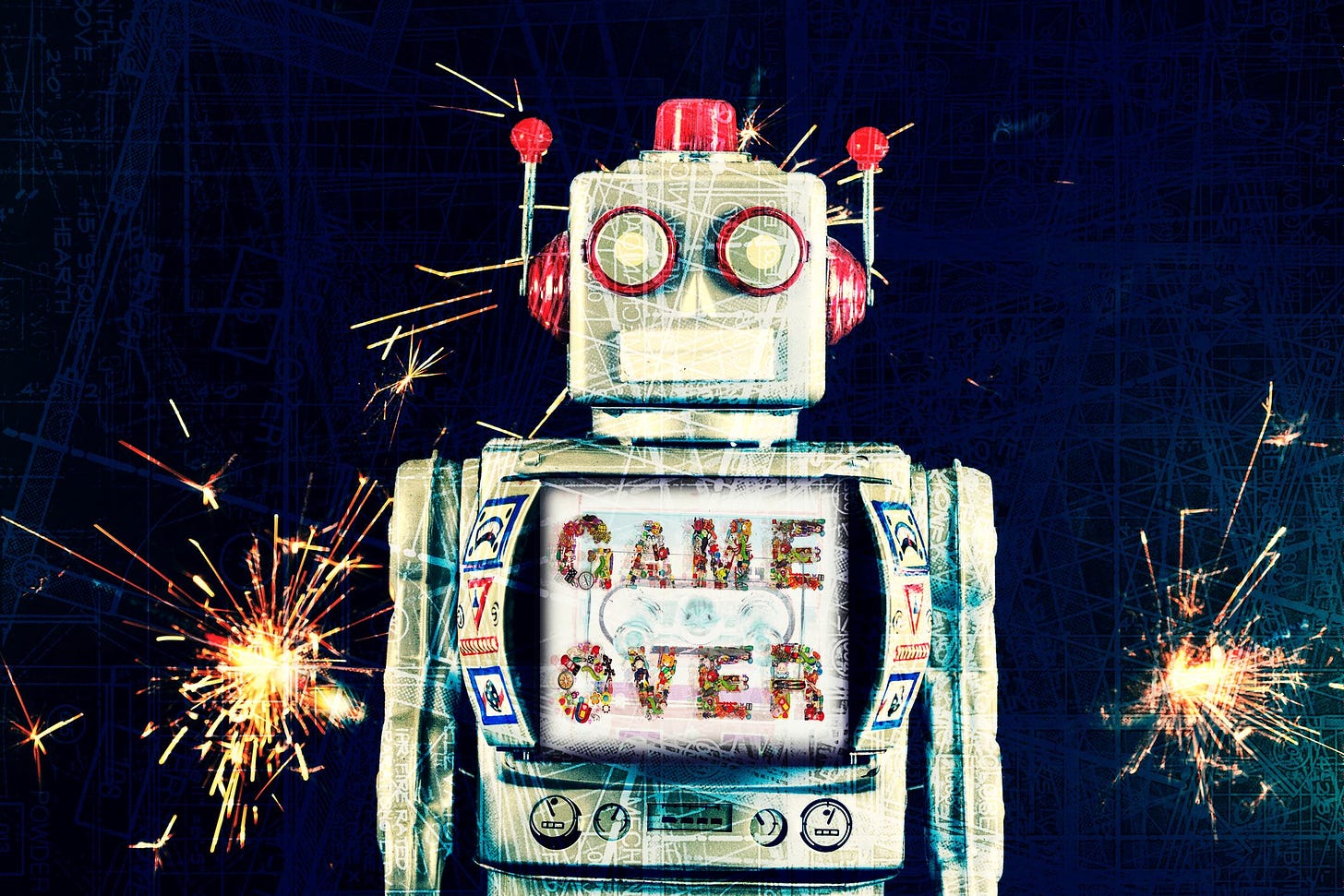 Robot with the words "GAME OVER" written on its chest.