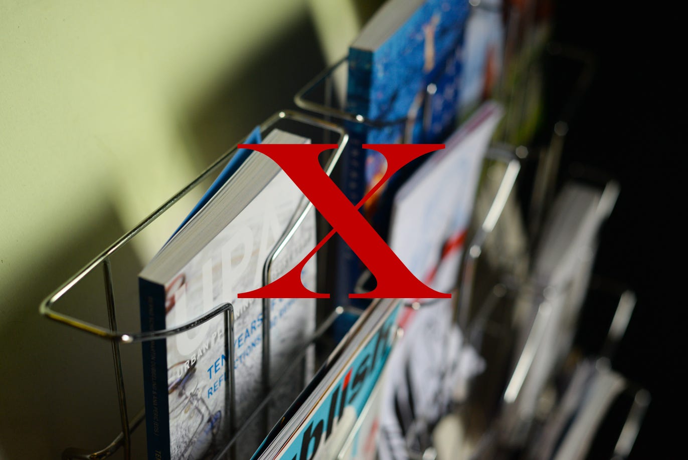Magazine rack superimposed with X