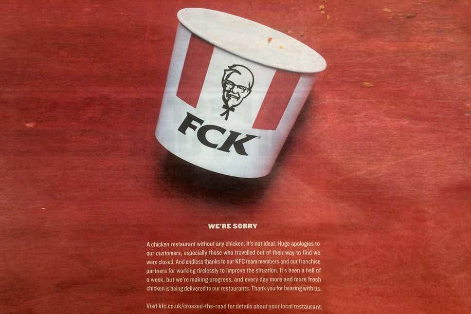 KFC apologises for chicken shortage with witty 'FCK, we're sorry' advert |  London Evening Standard | Evening Standard