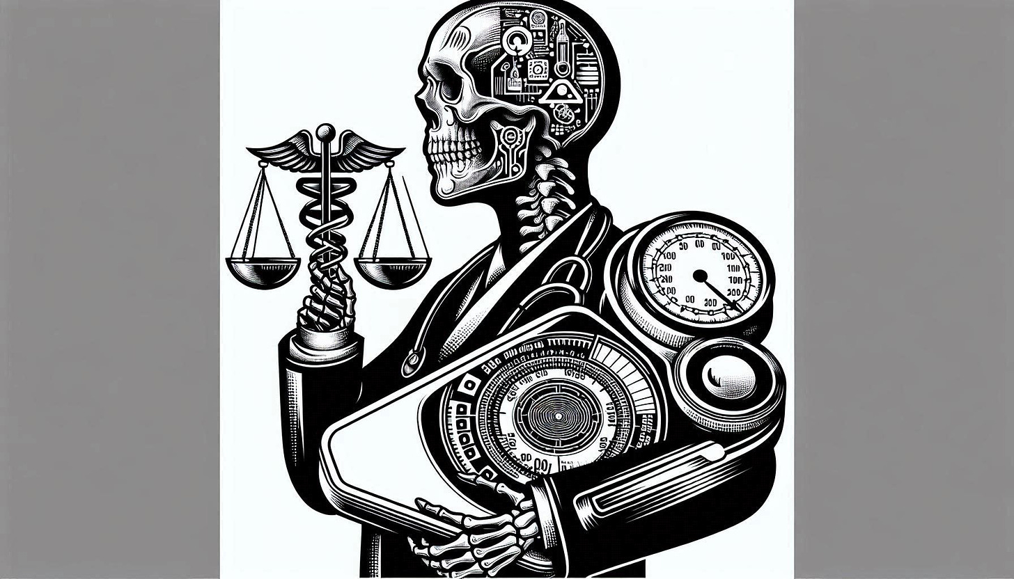 drawing of a skeleton doctor holding a set of weight scales with technology on one side and a caduceus on the other in black and white art deco style. Image 3 of 4