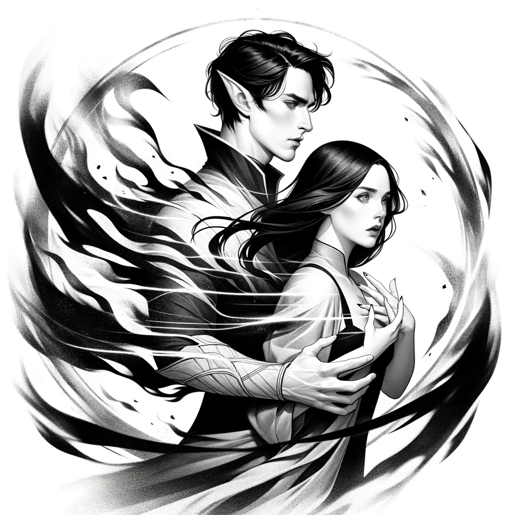 A black and white drawing of a male elf and a human woman with black hair holding each other during teleportation. The male elf features pointed ears, sharp facial features, and a flowing, partially dematerialized cloak. The human woman has long black hair, a modern look of astonishment, and is dressed in contemporary clothing. Both are in the process of teleportation, with their forms appearing fragmented and ethereal. Energy swirls around them, highlighting the magical aspect. The minimalist background emphasizes the interplay of light and shadows.