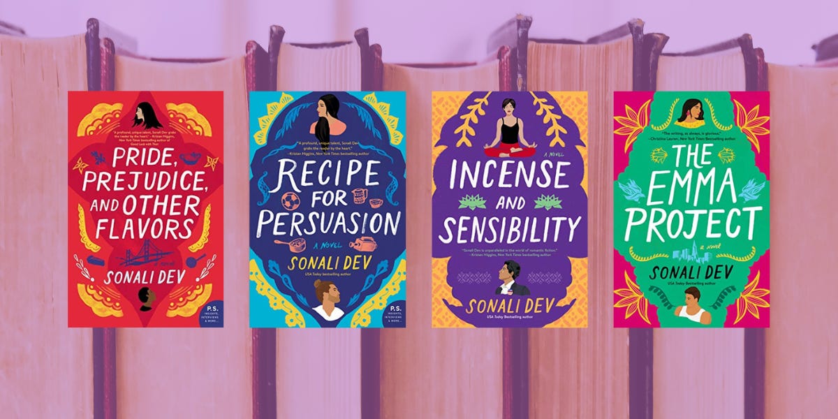 Collage of book covers over a purple tinted background of books, all by Sonali Dev: Pride and Prejudice and Other Flavors, Recipe for Persuasion, Incense and Sensibility, and The Emma Project