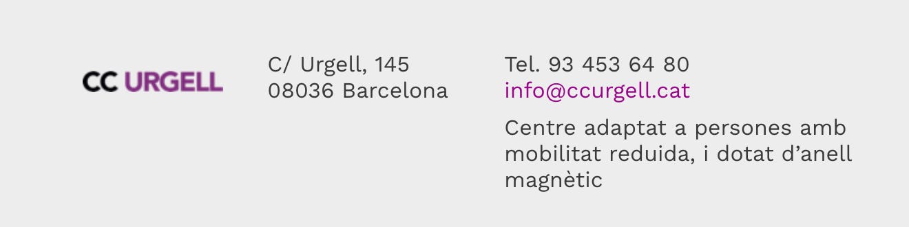 Footer del sito web del Centro Civico Urgell di Barcellona: compaiono indirizzo, numero di telefono, email e una frase che conferma l'accessibilità per le persone con mobilità ridotta più la presenza dell'anello magnetico.
