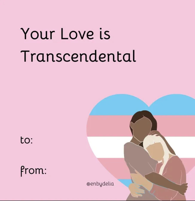 a valentine that reads "your love is transcendental" with a faceless drawing of a couple in front of a trans heart created by @enbydelia on instagram