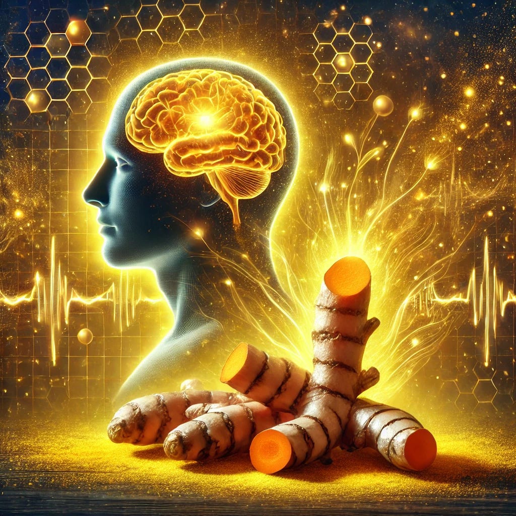 A vibrant artistic representation of turmeric’s healing properties. The image features a golden turmeric root surrounded by glowing energy waves, symbolizing its anti-inflammatory and antioxidant effects. In the background, a serene human silhouette highlights turmeric’s benefits for brain and body health. The scene is illuminated with warm golden hues and a subtle scientific overlay, indicating its research-backed properties.