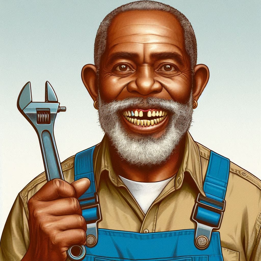60-year old black man mechanic missing teeth, colored drawing, holding wrench