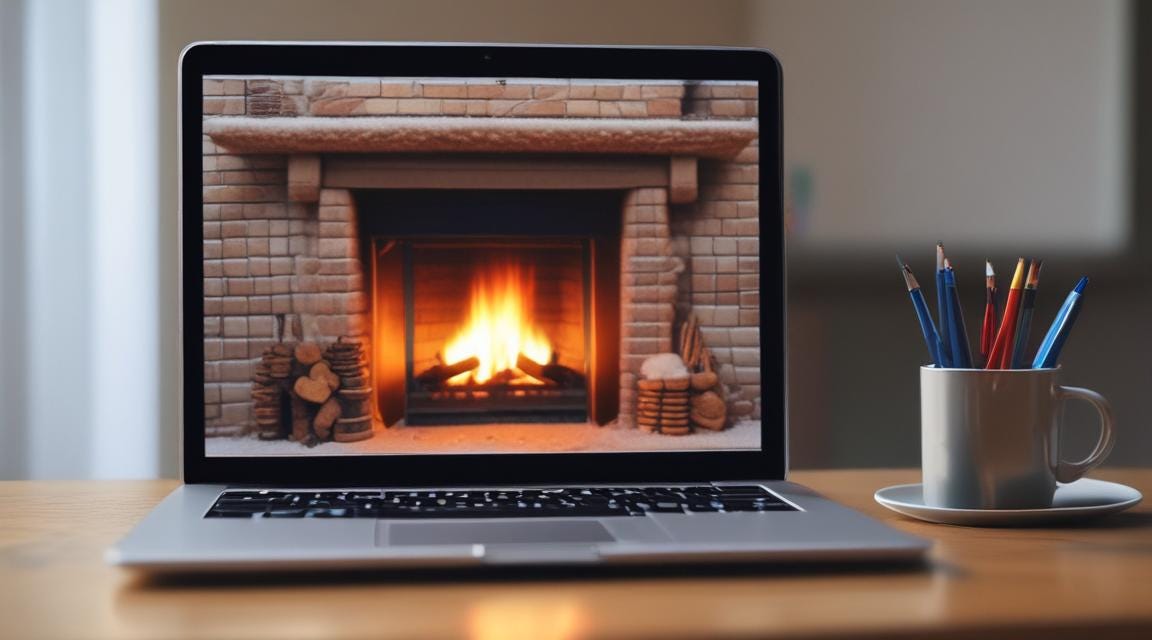 laptop showing a fireplace on the screen, with pen holder beside it